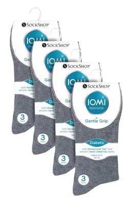12 Pair Multipack Gentle Grip Top Diabetic Socks | IOMI | Mid Calf Loose Top Non Elastic Cotton Socks with Handlinked Seamless Toe - Black / Navy / Grey