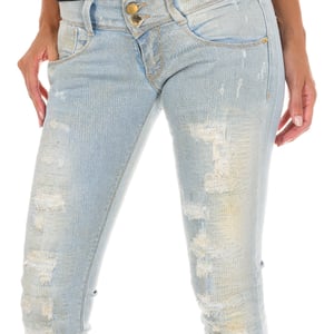 Long Denim Pants worn and torn effect 10DB50130 woman