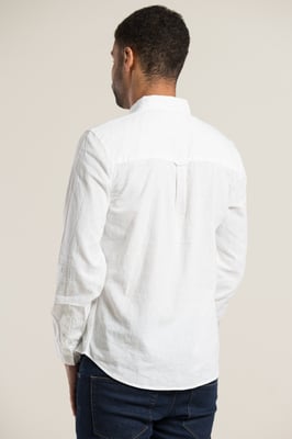 White Linen Blend Long Sleeve Button-Up Shirt With Chest Pocket