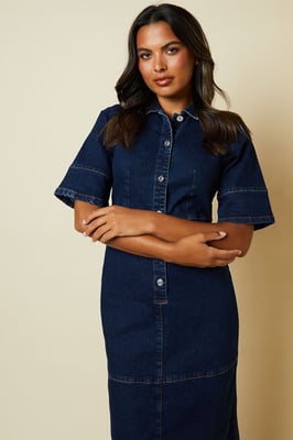 Half Placket Denim Shirt Dress