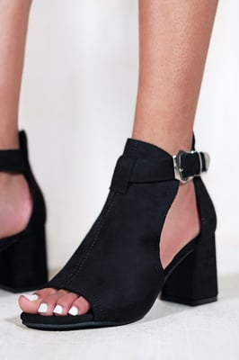 Where's That From Womens Lisa Block Heel With Side Buckle And Open Toe Front - Black Suede