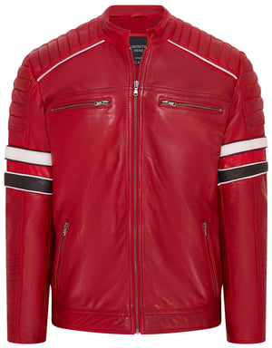 Mens Red Quilted Leather Biker Racing Jacket- Brevik