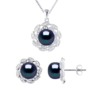 Finery necklace 9-10mm & Earrings FLOWER Sweet Water Beads 9-10mm Black 925
