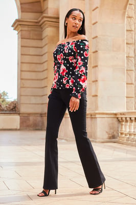 Black & Pink Floral Print Shirred Body Bardot Top
