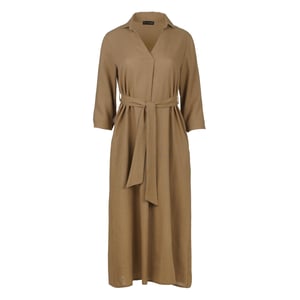 Beige linnen stijl midi jurk met ceintuur