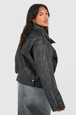 Plus Vintage Wash Pu Oversized Biker Jacket