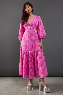 Burnout Chiffon Plunge Neck Ruched Bodice Peplum Midi Dress