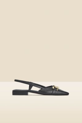Black Leather Pointed Toe Flat Slingback Shoe With Gold Trim