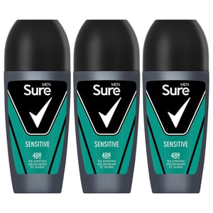 Sure Men Sensitive Antiperspirant Roll On 48H Sweat & Odour Protection, 3x50ml