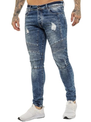 Enzo | Mens Skinny Stretch Biker Denim Jeans - Blue