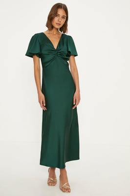 Satin Twist Front Angel Sleeve Midi Bridesmaids Dress