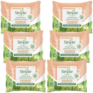 Simple Protect 'N' Glow Instant Cleansing Wipes for Dull & Tired Skin, 6 Pack