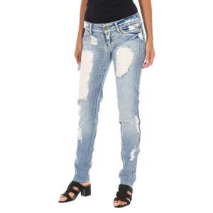 Lange denim broek met gescheurd effect en chiffon D012929-D024 vrouw