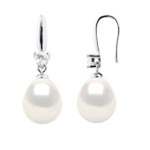 Earrings Silver 925 & Cubic Zirconia - 2 Real Cultured Freshwater Pearls Pear 9-10 mm
