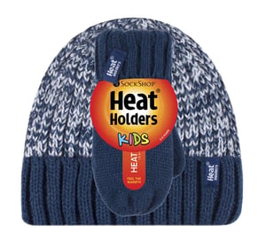 Heat Holders - Kids Boys Winter Knitted Thermal Fleece Lined Cuffed Beanie Hat and Mittens Set - NTO2P6