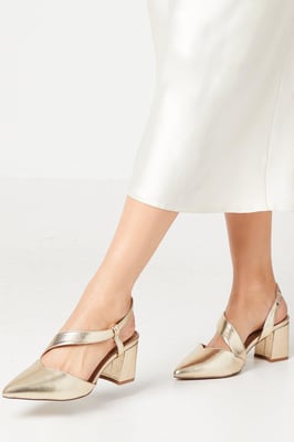 Wide Fit Eve Asymmetric Strap Block Heel Pointed Court Shoes