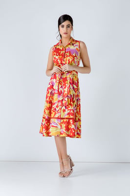 Knopen Detail Multicoloured Print Jurk