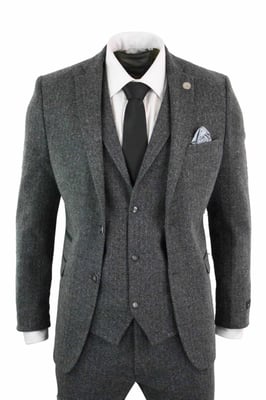 Heren 3-delige Antracietgrijze Haringbone-Tweed Streeppak