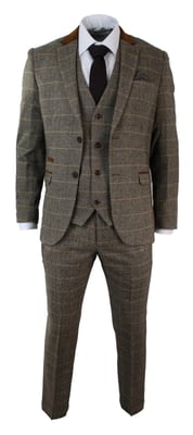 Heren 3-delig bruin tweed geruit pak