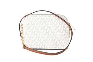 Michael Kors Women's Jet Set Travel Medium Leather X Cross Dome Crossbody Handbag (Vanilla Signature/Gold)