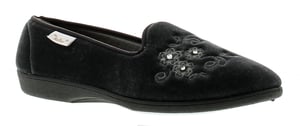 Womens Velour Upper Full Slipper With Soft Satin Lining Emroidered Flower Detail To The Vamp Textile