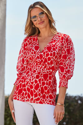 Red Morocco Print Faux Wrap Tunic Top