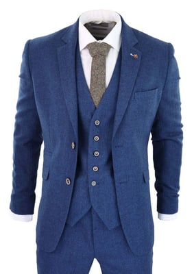 Heren 3-delig blauw tweed wollen twill vintage klassiek pak