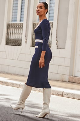 Navy Blue Contrast Trim Square Neck Knitted Dress