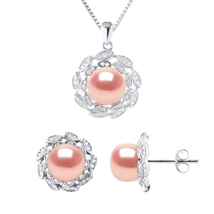 Adornment Necklace & Earrings FLOWER Freshwater Pearl 9-10 mm Natural Rose 925
