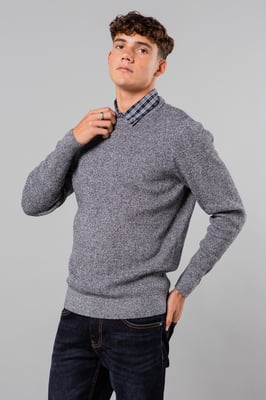 Navy Mock Checked Shirt Crew Neck Jumper
