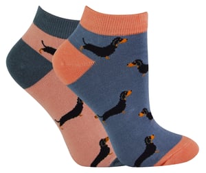 2 Pair Multipack Ladies Bamboo Trainer Socks | Miss Sparrow | Breathable Novelty Animal Patterns Socks - Sausage Dog