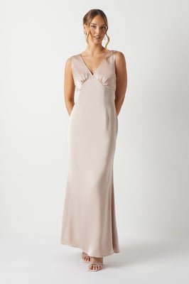 Bow Back V Neck Satin Bridesmaids Dress