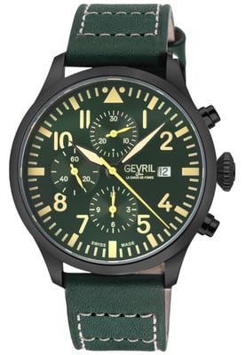 Gevril Vaughn Chronograph Green Dial Green Leather Swiss Automatic ETA 7750 Watch