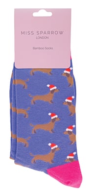 Miss Sparrow - Ladies Christmas Socks | Sausage Dog Socks - Santa Dog (Denim)