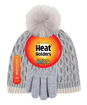 Heat Holders - Girls Thermal Insulated Pom Pom Bobble Beanie Hat and Gloves | Colourful Pastel Styles - Cloud Grey