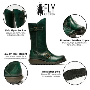 Fly London Dames Groene MES 2 Wedge Heel Buckle Mid-Calf Leren Zip Platform Laarzen