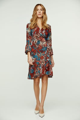 Paisley Print Viscose Wrap Dress with Bell Sleeves