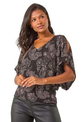 Glitter Print Banded Hem Stretch Top