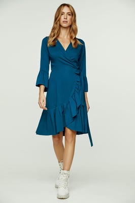Petrol Wrap Dress Viscose met klokmouwen.