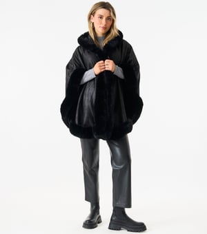 Faux Fur Trim Poncho Cape