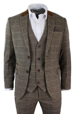 Heren 3-delig bruin tweed geruit pak