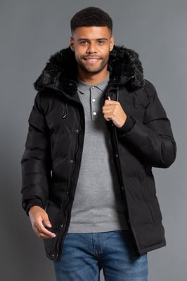 Black Longline Hooded Padded Jacket With Faux Fur Hood