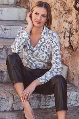 Ivory Geometric Print Satin Cowl Neck Top