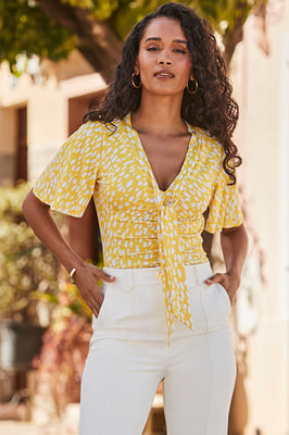 Yellow Fleck Print Ruched Detail Tie Neck Jersey Top