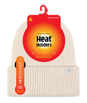 Ladies Fleece Lined Ribbed Turnover Hat | Heat Holders | Thermal Hat for Winter - Cream