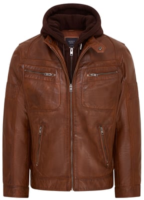 Bruin leren bikerjack met capuchon voor heren - Stavern