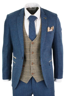 Heren 3-delig blauw Tweed Vintage pak