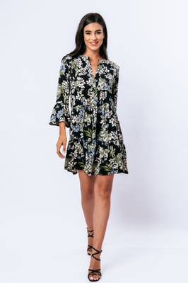 Khaki, ecru en blauwe bloemenjurk met klokmouwen