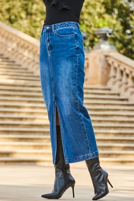 Mid Blue Longline Denim Midi Skirt