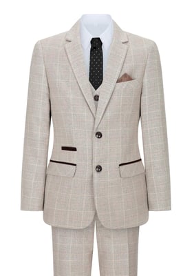 Boys 3 Piece Beige Tweed Check Vintage Retro Suit